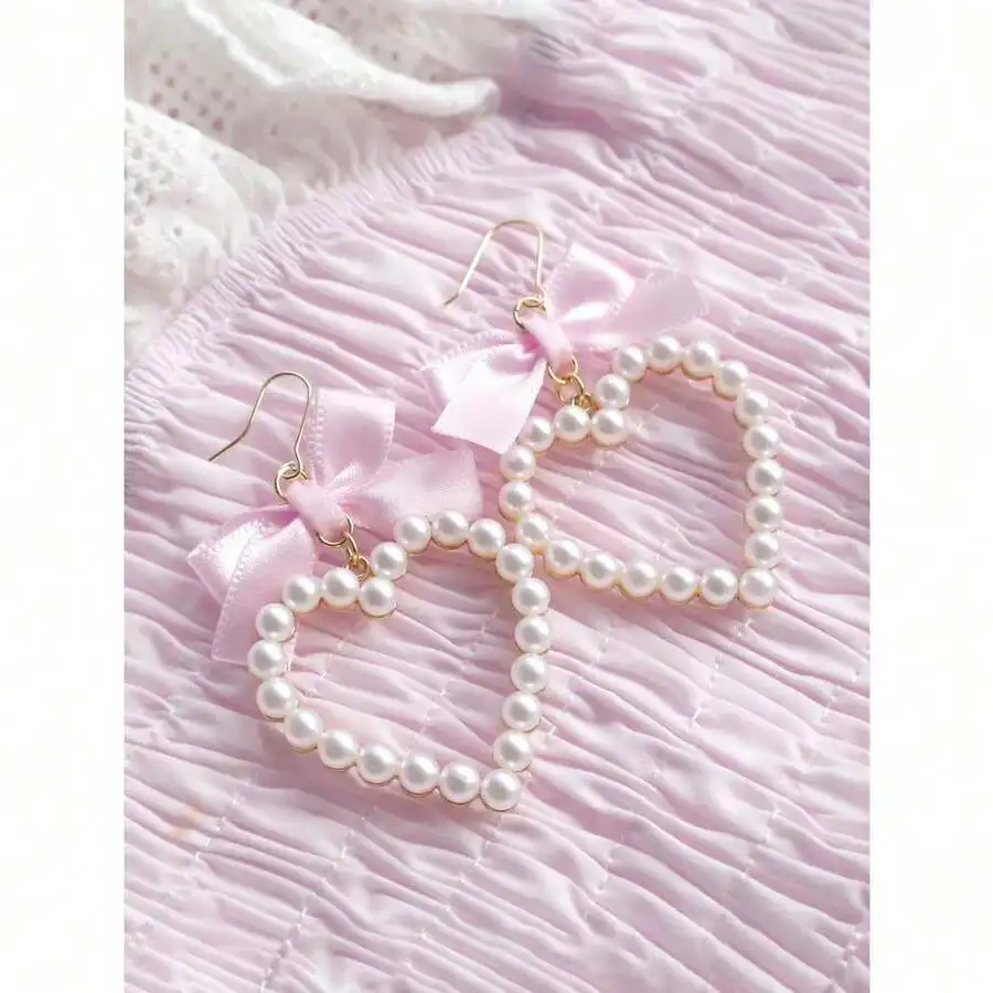 Heart-Shaped Faux Pearl Earrings With Delicate Pink Satin Bow, Elegant Drop Design For Womens Occasion Wear