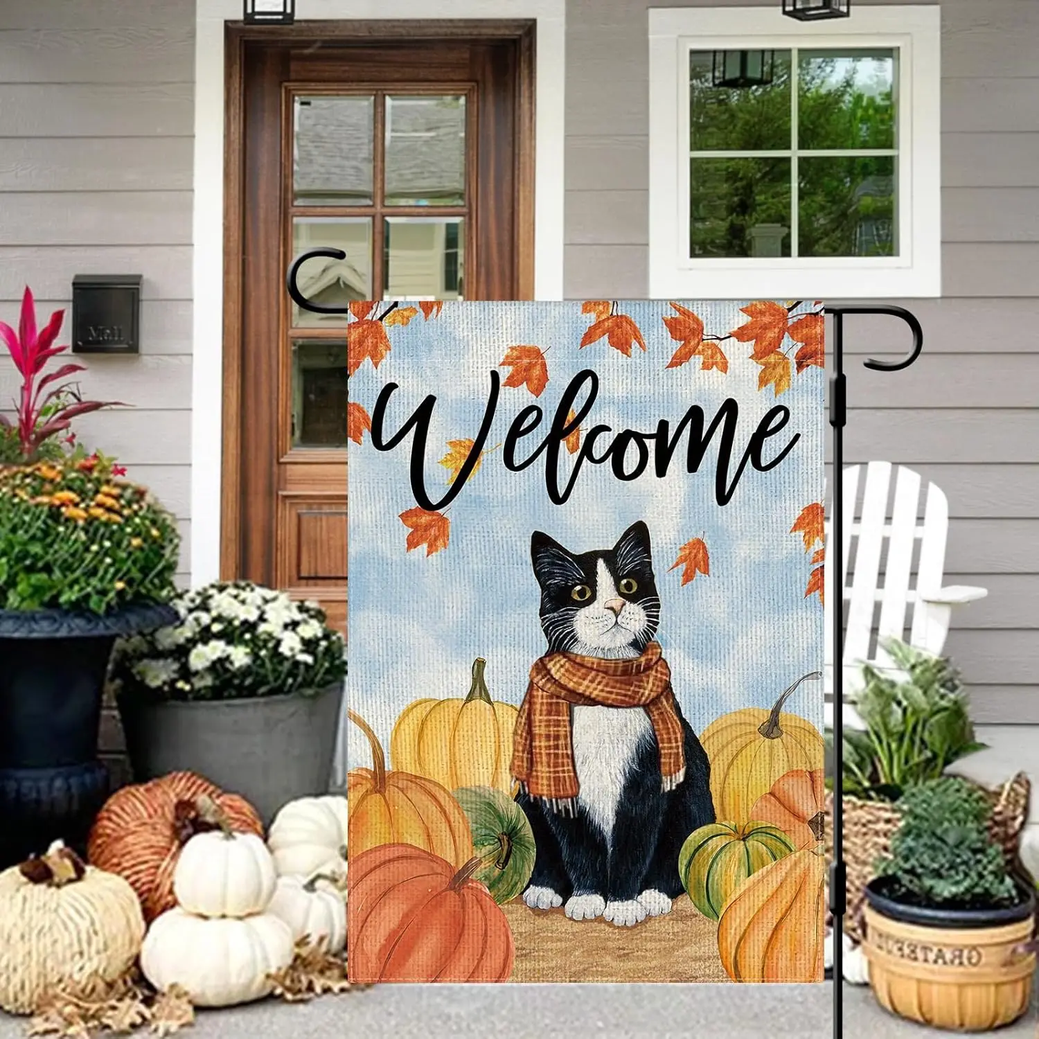 DLZDN Fall Cat Garden Flag Tuxedo Cat Pumpkins Flag 12×18 Inch Double Side Vertical Burlap Farmhouse Yard Sign Autumn Welcom KKW