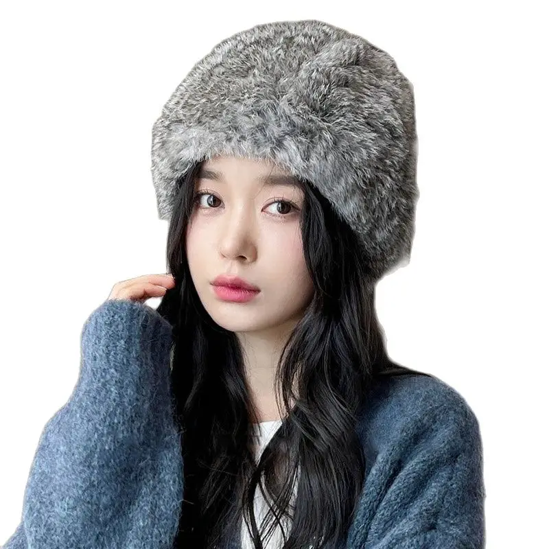 Women's Double-sided Thick Fur Hat Luxury Grass Rabbit Hair Soft Round Hat Solid Color Large Stretch Winter Warm Fur Hat