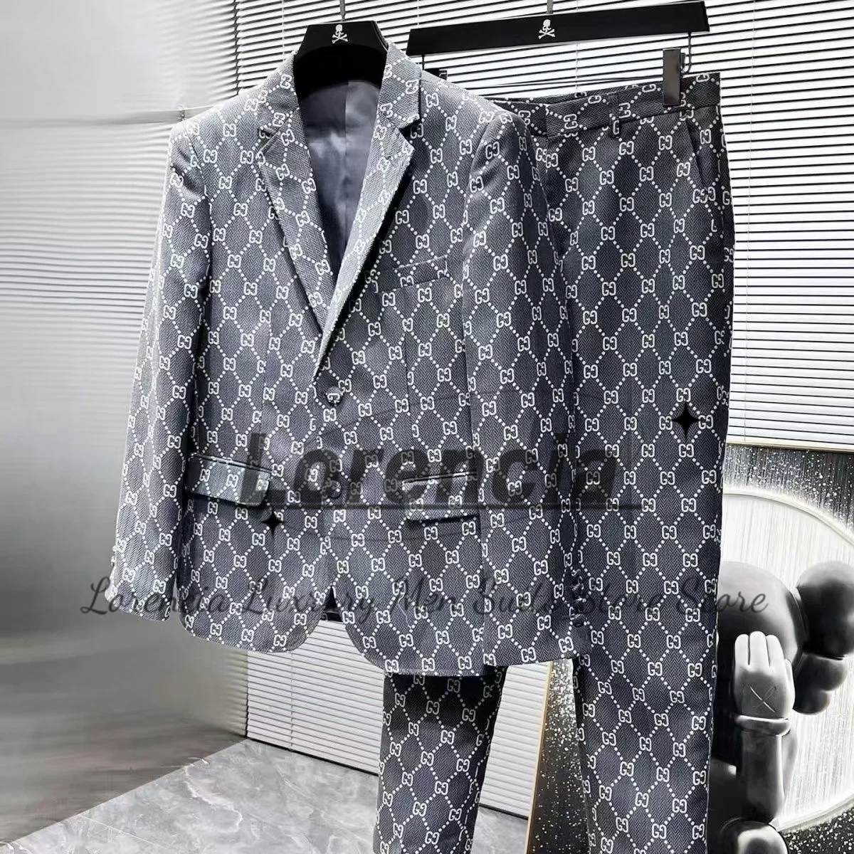 Fashion Plaid Men Suits Slim Fit Letter Groom Wedding Tuxedos 2 Pieces Sets Casual Male Prom Blazers Customized Costume Homme