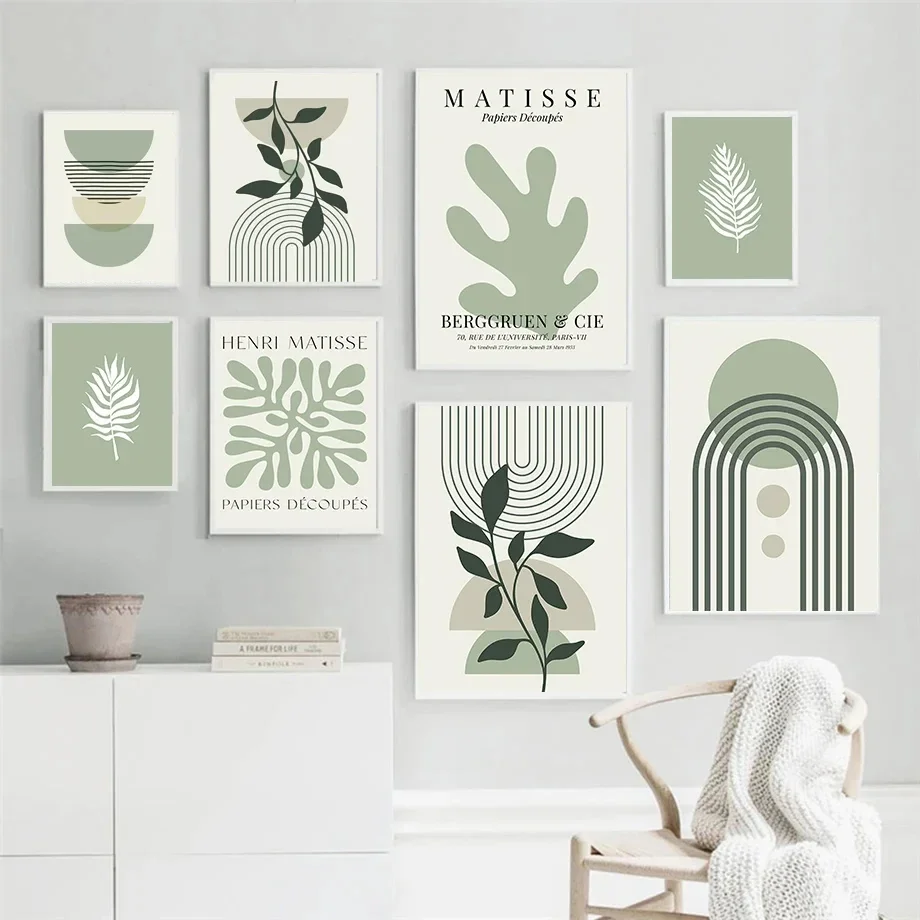 Canvas Painting Pintura En Lienzo De Línea Geométrica De Hoja Verde Salvia, Artístico De Pared Bohemio Abstracto Matisse E Im