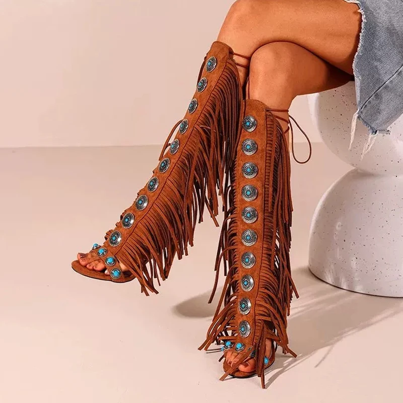 

Liyke модные сапоги до колена с открытым носком и драгоценными камнями, сандалии, женские современные туфли для латинского танго, джаза, пикантные вечерние туфли для стриптиза на каблуке