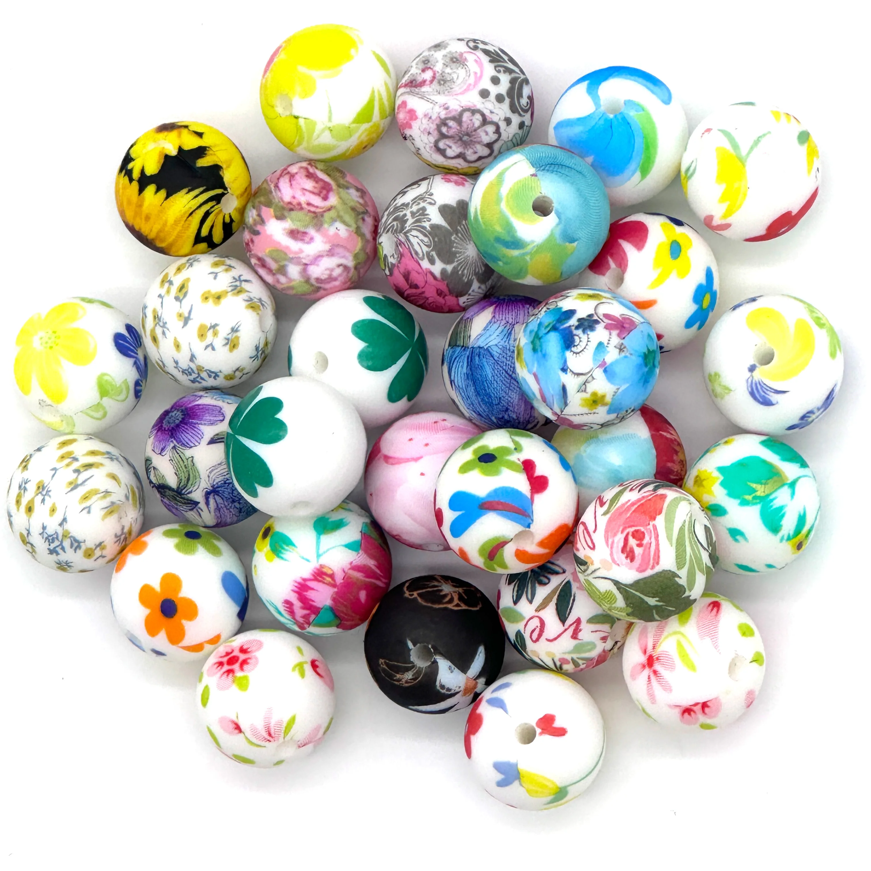 10 stuks 15 mm siliconen bedrukte kralen ronde bloemserie siliconen kralen DIY ketting plastic pen kraal sleutelhanger armband