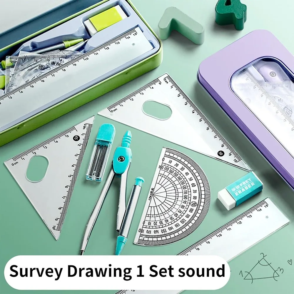8PCS Portable Plastic Ruler Compasses Set Eraser Transparent Protractor Straight Ruler Square Measuring Ruler Students