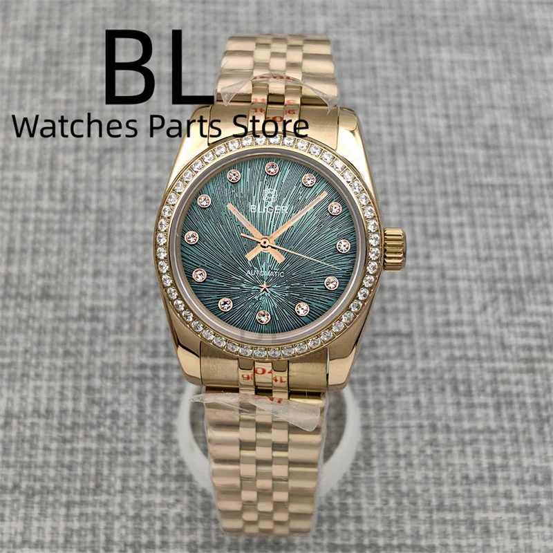BLIGER 31mm Luxury Ladies Diamond Watch NH05 Automatic Decrated Star Signs Green Purple White Mother Pearl Dial Sapphier Crystal