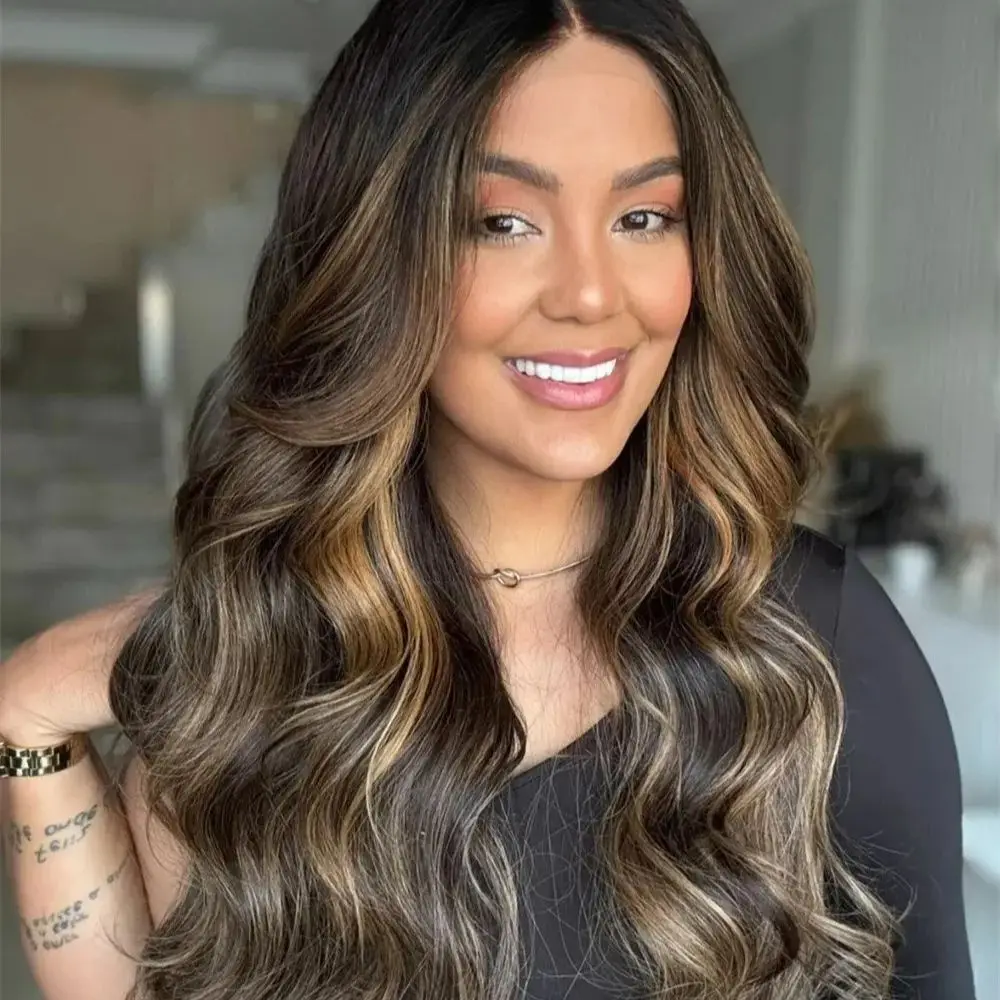 Shadow Roots Free Parting Balayage Dark Brown Blonde Highlights Lace Front Wig Premium Heat Safe Futura Fibre Long Wavy 24 Inch