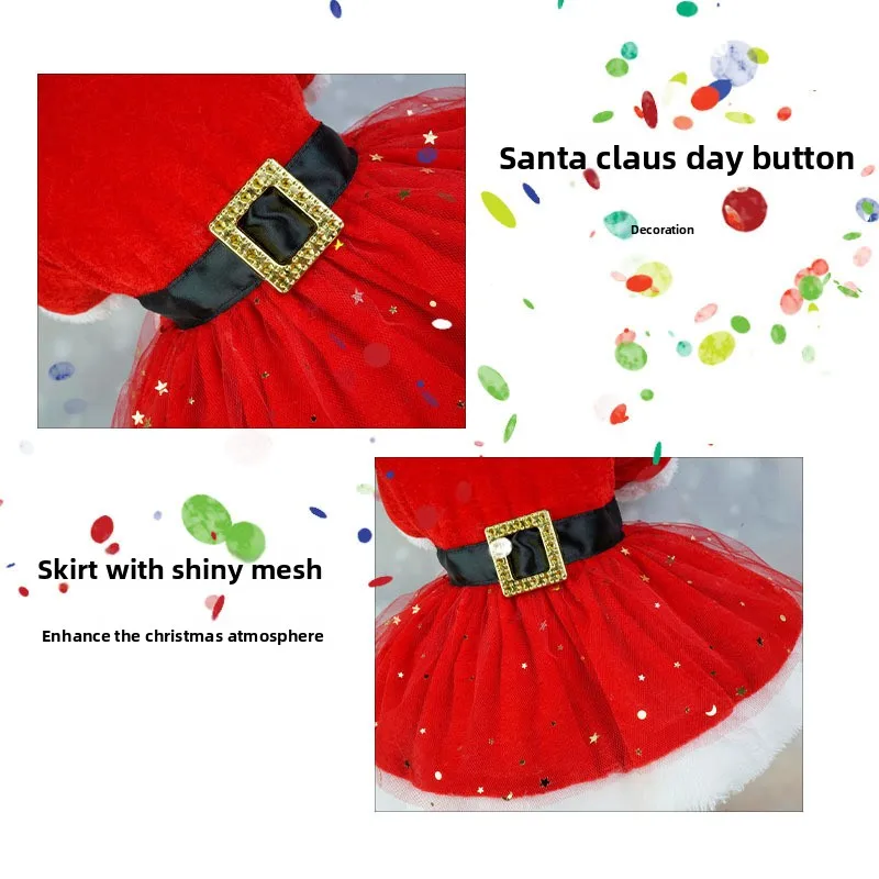 Samt-Weihnachtsmannkleid für Hunde mit Pailletten-Netzrock Flauschiger Weißer Besatz Elegantes Weihnachtsoutfit für Kleine Hunde Perfekt für Fotos – Detail 3