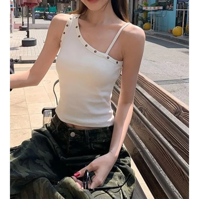 

Slant-shouldered Spice Girls Irregular Vest Suspender Women's Summer Short Slim Skinny Sleeveless Rivet Design Top
