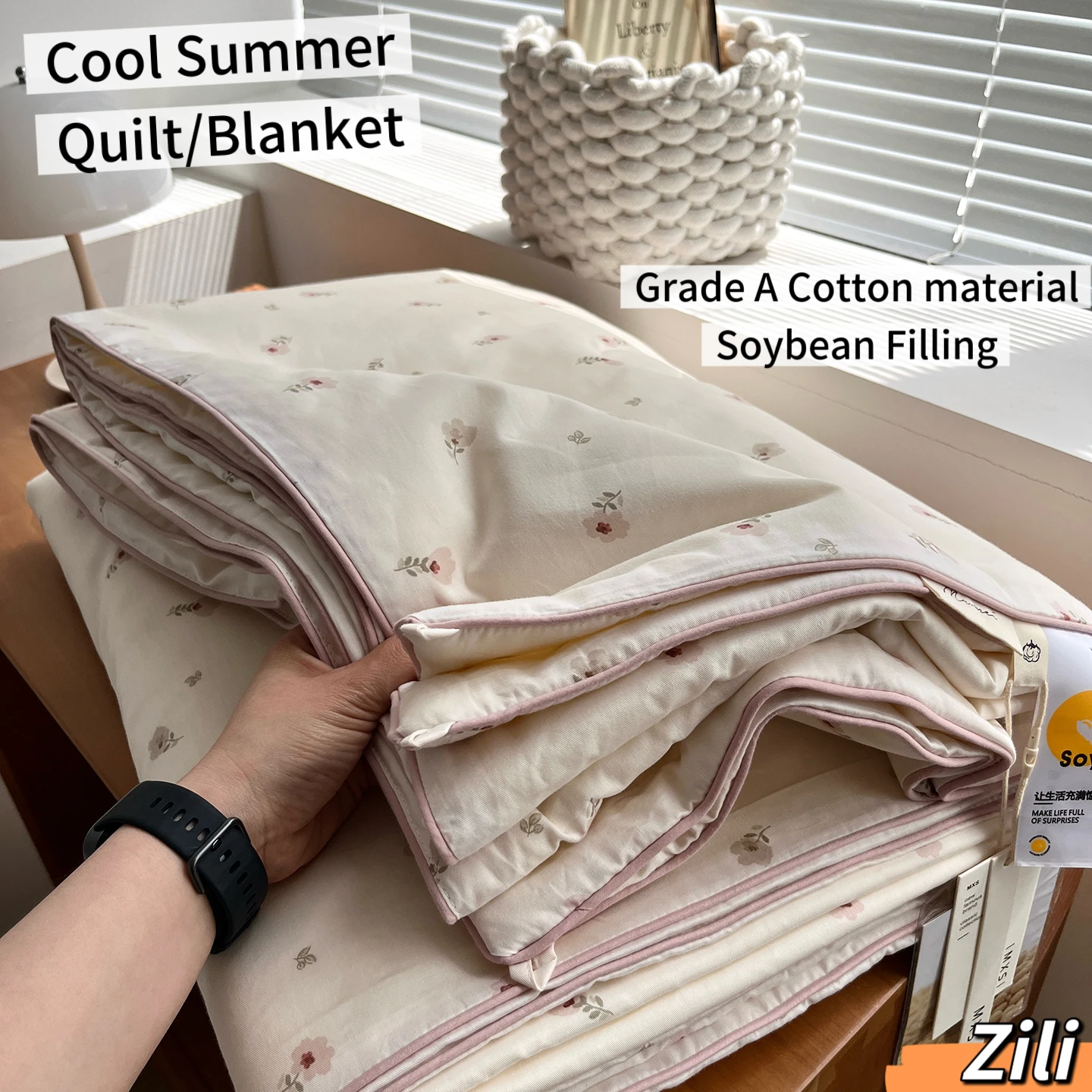 100% Cotton Summer Quilt Lightweight Cooling Comforter Soybean Fiber Filled Breathable Thin Duvet Printed Cool Touch Bed Blanket