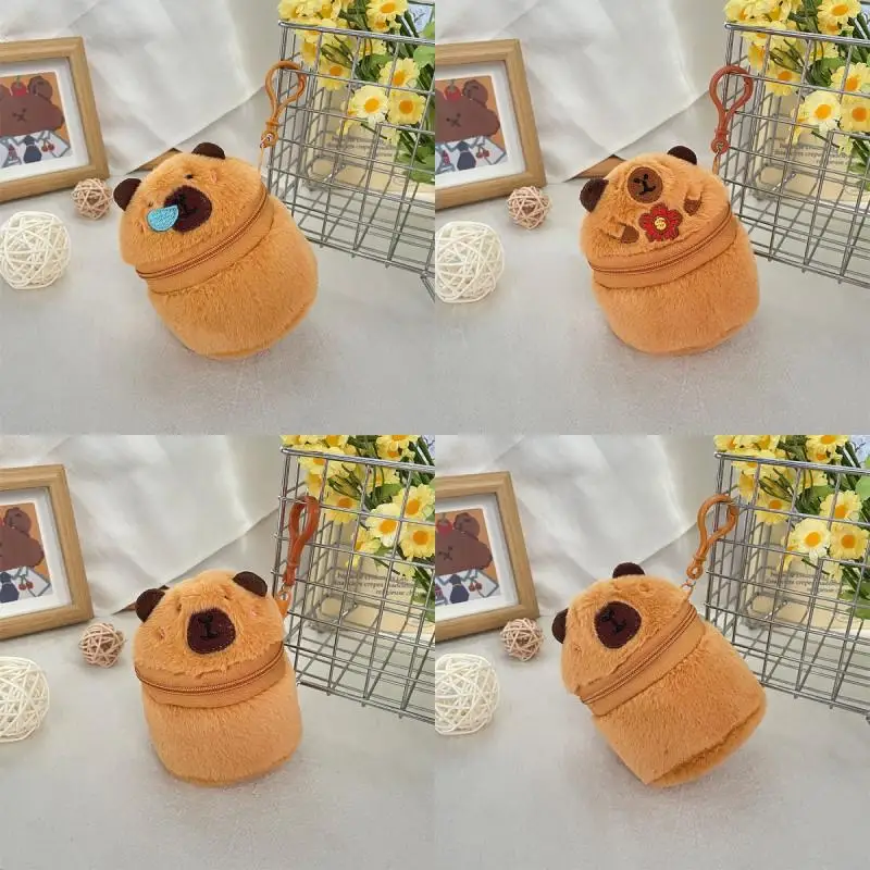 Bonito de pelúcia capivara zíper moeda bolsa cilíndrica carteira fones de ouvido batom saco de armazenamento criativo boneca de pelúcia pingente meninas