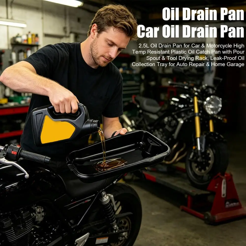 2.5L Oil Drain Pan High Temp Resistant Plastic Oil Catch Pan with Pour Spout & Tool Drying Rack Leak-Proof Oil Collection Tray