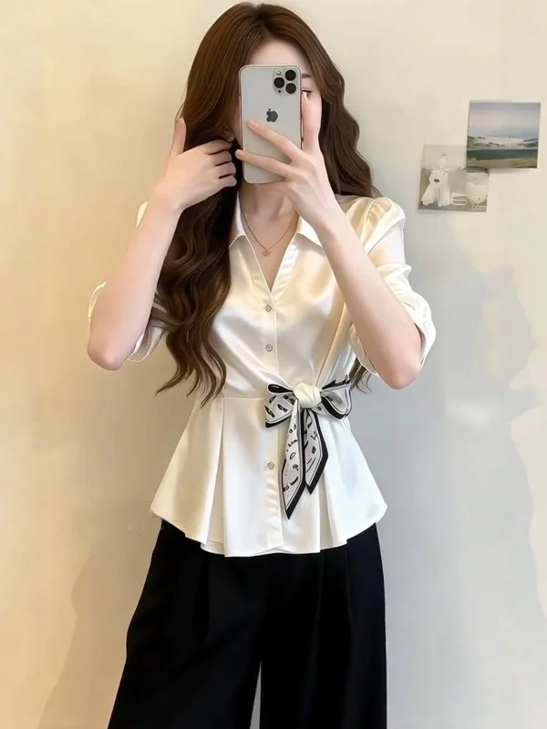 

Elegant Satin Shirt with Bow-Tie Versatile Fashionable Anti-Aging Summer 2026 Women's Neck Short Sleeve Pure Color Top