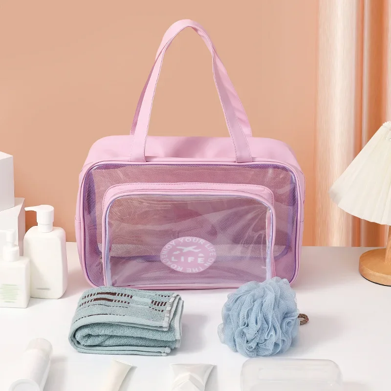 Large capacity transparent PU makeup bag for women, portable toiletries storage bag