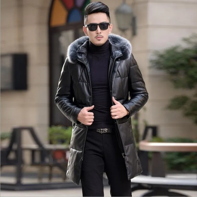 

Winter New Brand Men's Down Leather Jacket Men Korean Slim Long Windbreaker Coat Fashion Male Hooded Fox Fur Collar Outerwear