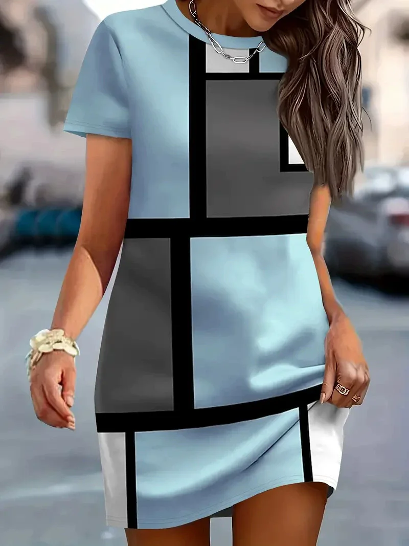 Women Plaid Pattern Fashion Mini Dresses Summer Short Sleeve 3D Printed Street Ladies Dress 3XL Plus Size Casual Dress