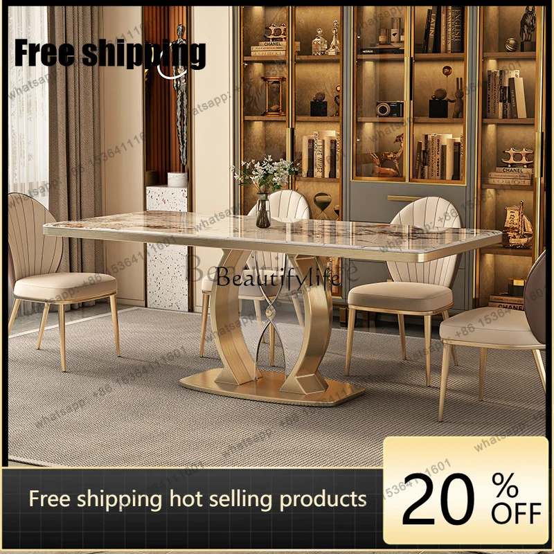 hot Rock slab dining table titanium stainless steel chassis bright light luxury high-end household small apartmentFactory Direct