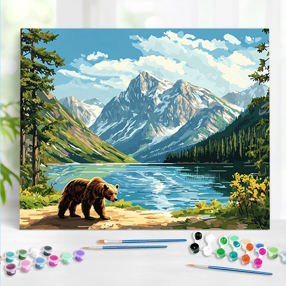 

RUOPOTY DIY Paint By Numbers Kit Snow Mountain Brown Bear Hand Painted Kits For Adults DIY Art Supplies Coloring By Numbers