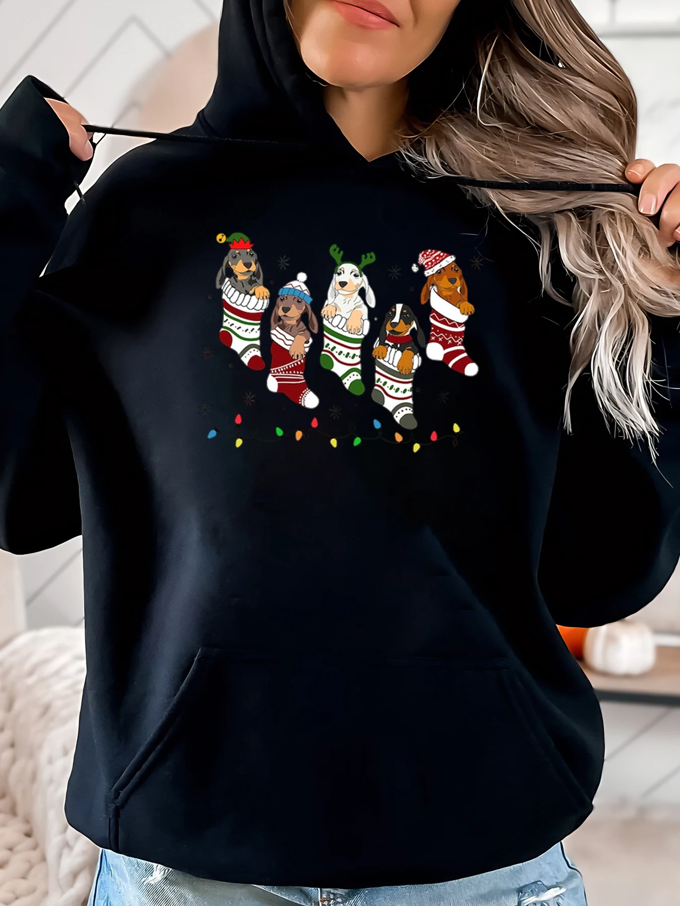 Perros navideños en medias Sudadera con capucha navideña Ropa casual para mujer Fiesta Negro Talla grande