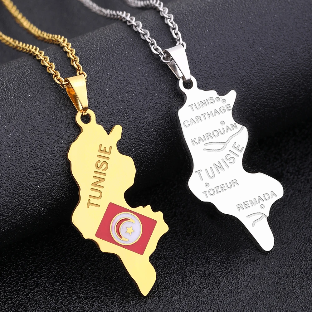 Africa Tunisie Map Flag City Pendant Necklace Stainless Steel Men Women Gold/Steel Color Tunisia Country Map Jewelry Gift