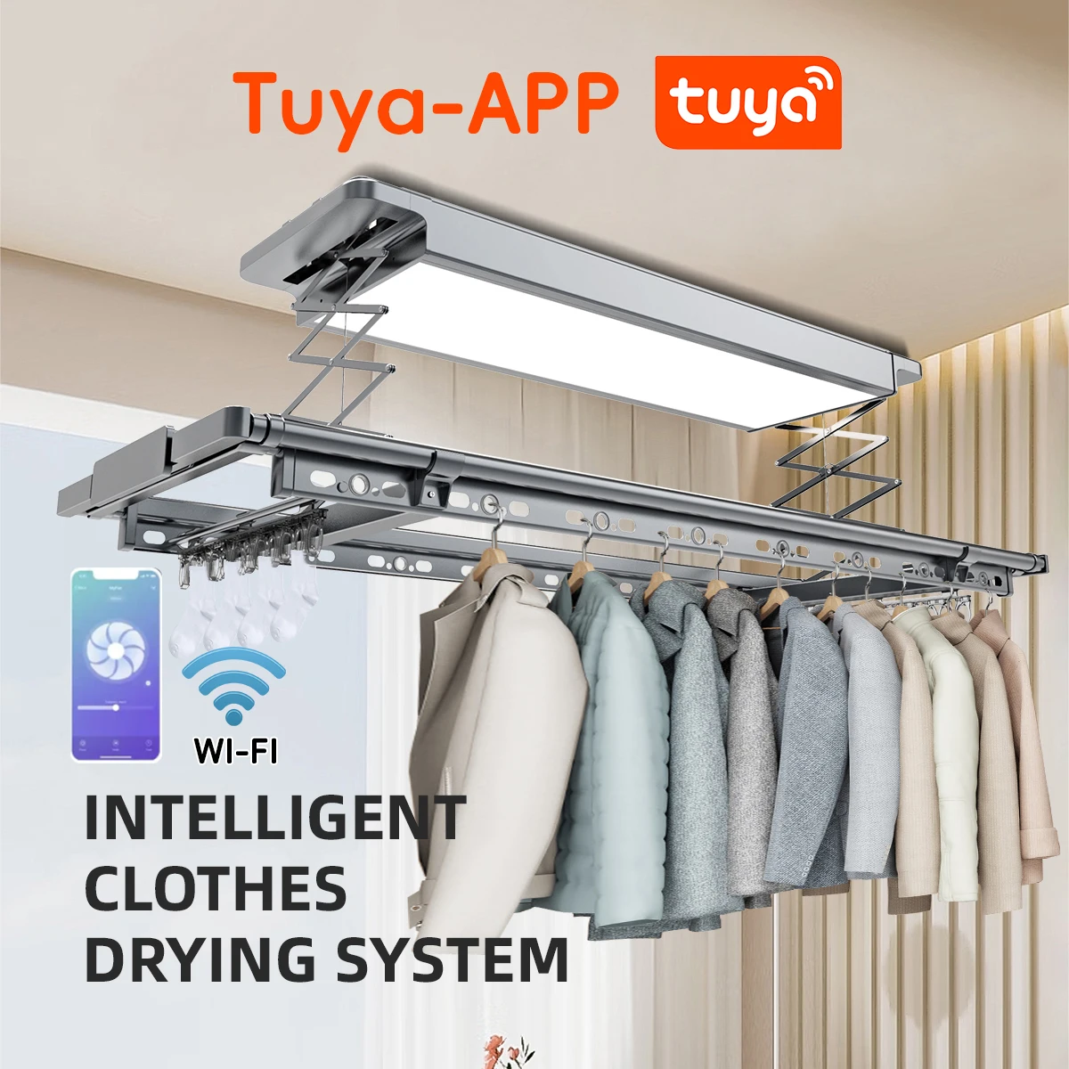 Ceiling-Mounted LED Electric Clothes Drier With Automatic Lifting Heating And App Control