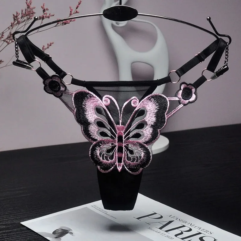  Lace Thong Women Butterfly Low Waist Panties G strings Transparent Mesh Briefs Adjustable Waist Panties Culotte Femme