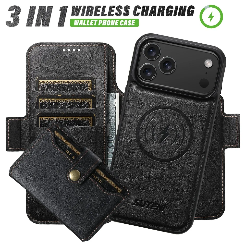 

Detachable Wallet Case with Magnetic Flip Phone Cover for iPhone 17 Air 16 15 14 13 12 Pro Max with Support Wireless Charging