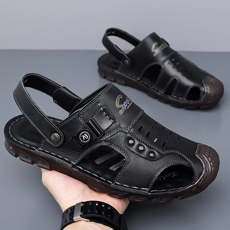 New Summer Men's Sandals Classic Genuine Leather Sandals Fashion Outdoor Hiking Shoes Light Breathable Non-slip Sneakers 38-44