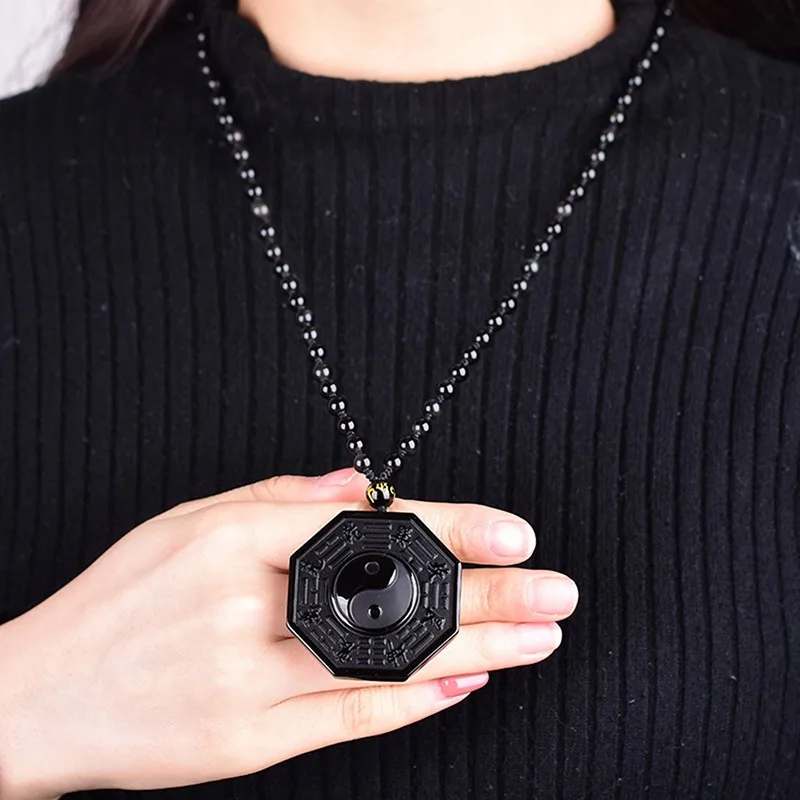 

1pc Obsidian Yin Yang Necklace Black Gemstone Amulet Protection Pendant With Adjustable