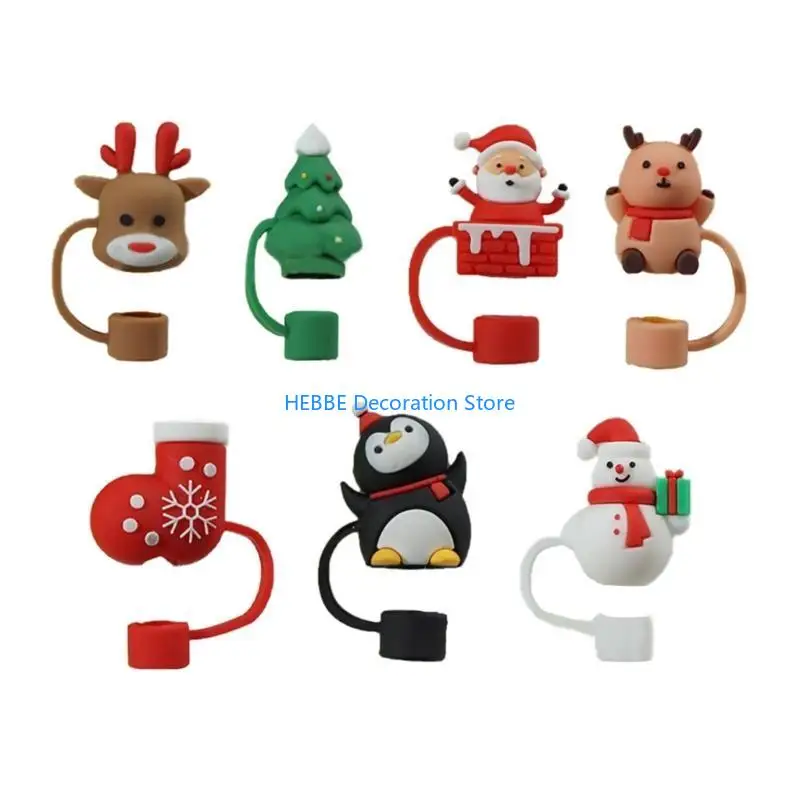 B0KC 7pcs Silicone Straw Cover Cap Christmas Theme Straw Toppers for 10mm Straws Cup