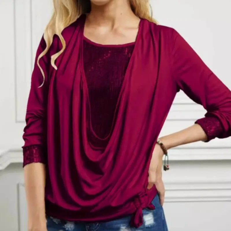 2026 New Women Top Sequin Fake Two Pieces V-neck Fashionable And Comfortable Temperament Elegant And Versatile Simple Casual Top