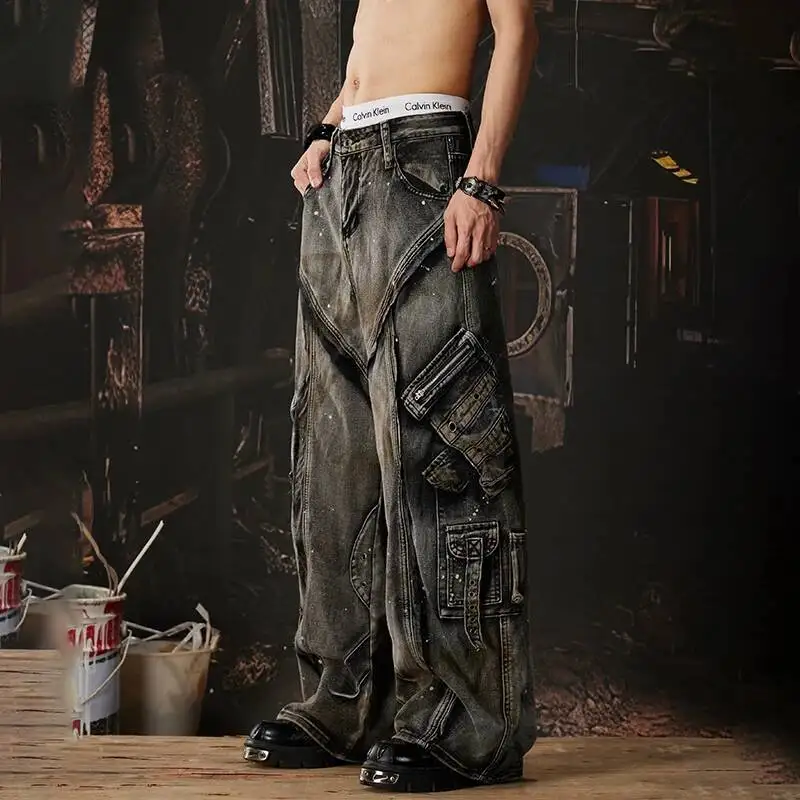 LUZHEN 2026 New Personalized Tie-dyed Multi Pockets Design Baggy Cargo Straight Jeans Men's Fashion Original Denim Pants JY6711