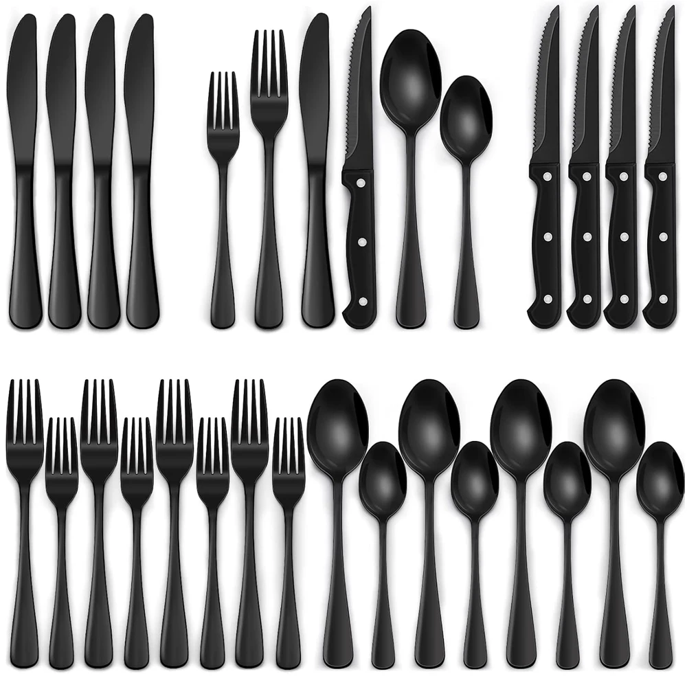 

24-Piece Black Silverware Set with Steak Knives, Black Flatware Set for 4, Food-Grade Stainless Steel Tableware Cutlery Set