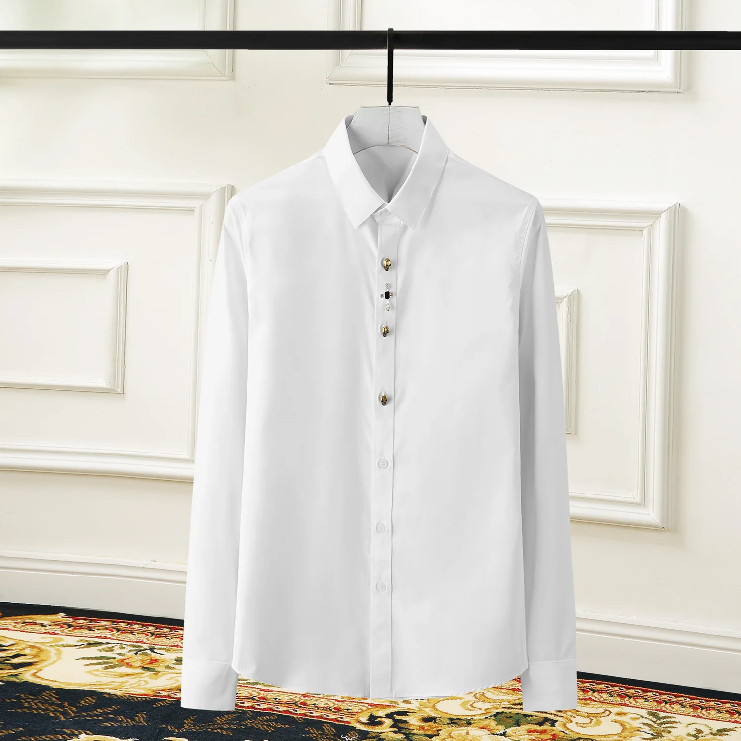Diamond Inlaid Skull Head Decoration Men's Long Sleeved Shirt Trendy Slim Fit Casual Business Dress Shirt Banquet Party Blouse