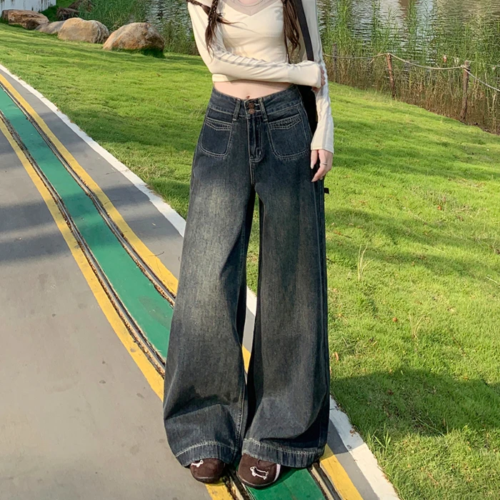 กางเกงยีนส์ทรงกระบอกขากว้างสีน้ำเงินสไตล์เกาหลี Y2K ย้อนยุคสำหรับผู้หญิง ฤดูใบไม้ร่วง ช่วยให้ดูหน้าท้องและต้นขาเล็กลง ทรงหลวมตรง