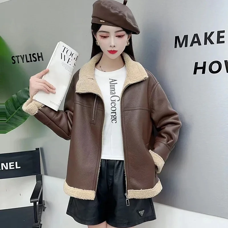 Formale Pelz Eine Leder Jacke Frauen Kurze Motor Fahrzeug Outwear Lose Koreanische Revers Lamm Wolle Winter Neue Dicke Warme Y2k Pelzmantel