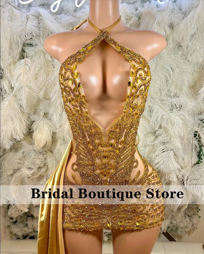 Glitter Gold Diamonds Long Prom Dresses 2024 Sparkly Beads Crystal Birthday Cocktail Party Homecoming Gowns Robes Customized