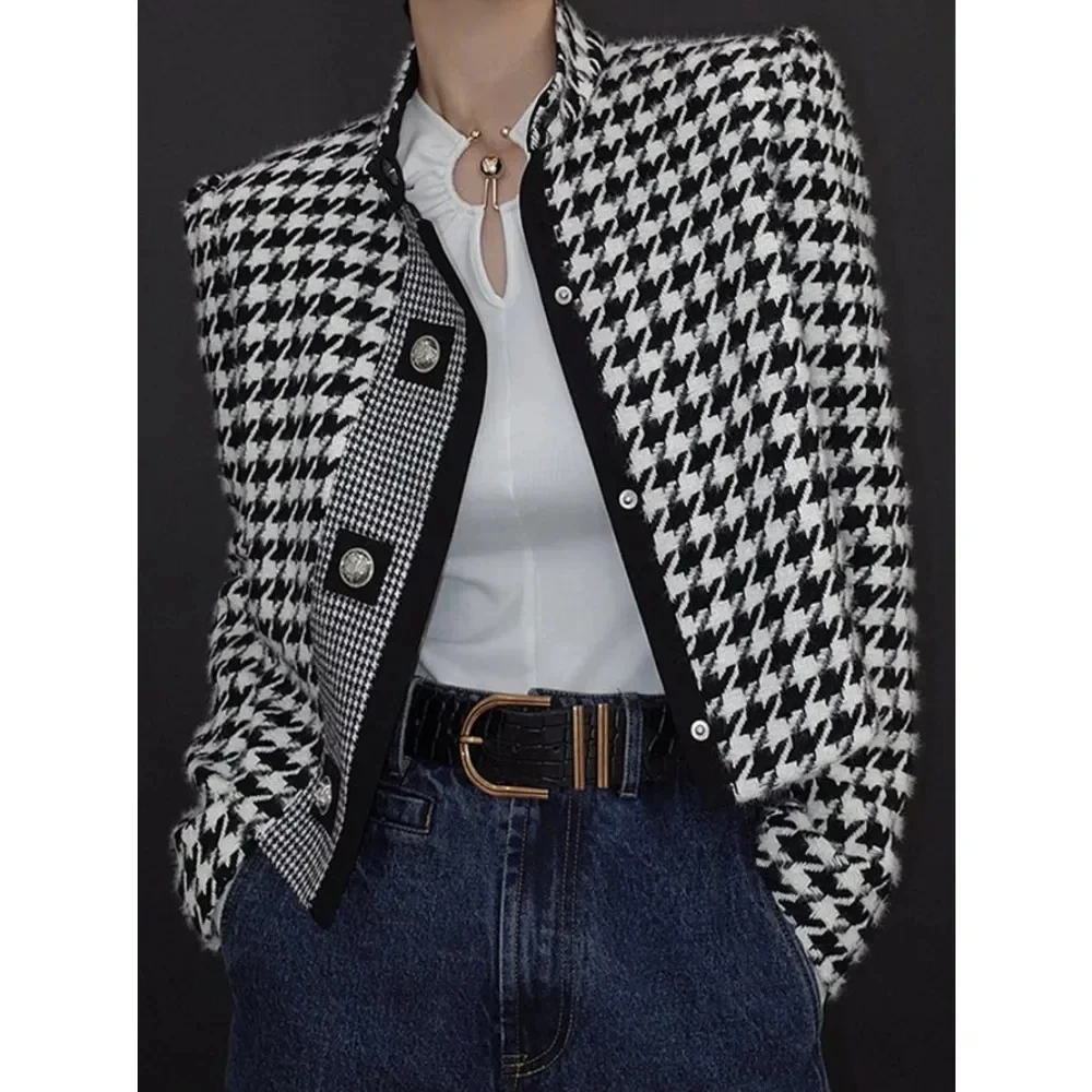 

2024 New Fall Winter Houndstooth Jacket Coat For Women Long Sleeves Stand Collar Retro Elegant Classics Party Outerwears