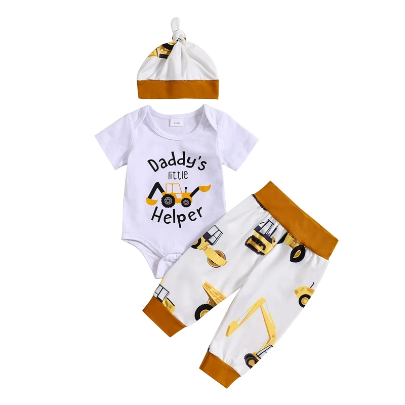 Baby Boy Summer Outfit Letter Print Short Sleeves Romper and Elastic Digger Print Pants Beanies Hat Set 3 Piece Clothes