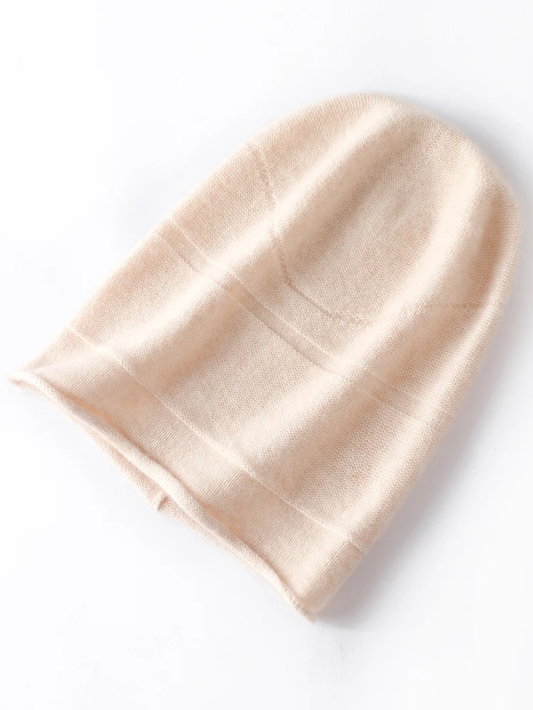 100% Cashmere Women Winter Cashmere Hats High Quality Soft Warm Solid Cashmre Knitted Hats Female Basic Hats Korean Popular Tops