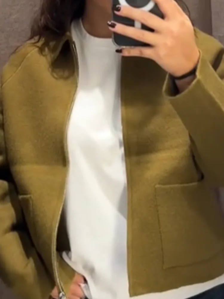 

Новинка 2025 года, офисный кардиган, короткая вязаная куртка, женские однотонные свободные куртки с лацканами и длинными рукавами на молнии с карманами