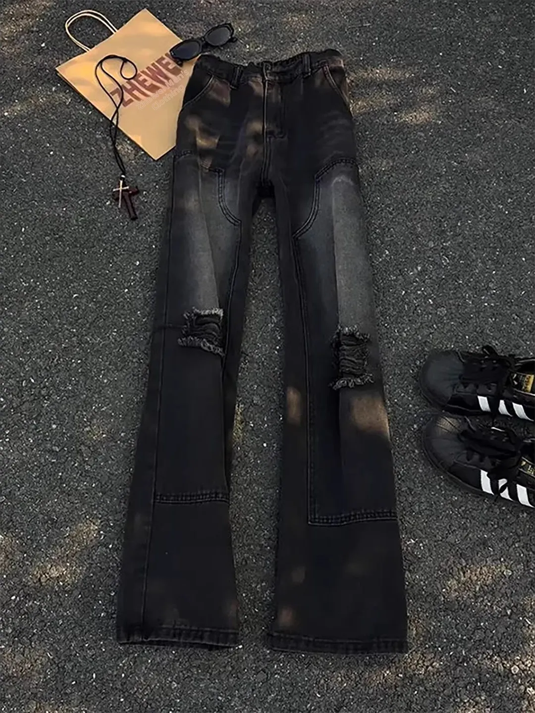 

Bla Faux-Ripped Straight Leg Jeans Men's Spring Loose Micro-flared Pants American Decosition Design Casual Wear