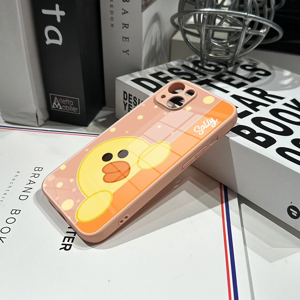 For Iphone 14 Lovely CUTE Yellow Sally Duck Cartoon Phone Case Glass 14 13Pro Plus X 13 Pro MAX XR XS MINI Stained Glass Covers