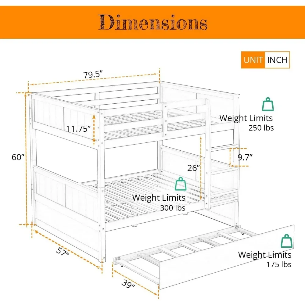 Detachable Full Over Full Bunk Bed with Trundle，Solid Wood Full Size Floor Bunk Beds for Kids, Bed Bases & Frames