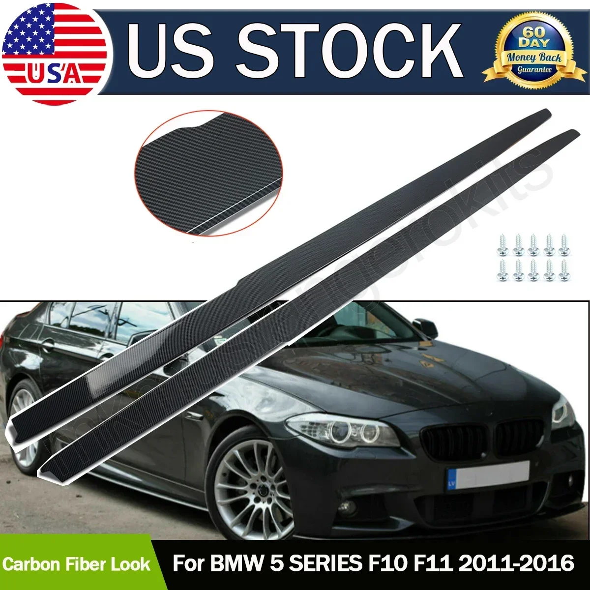 2X Carbon Fiber Look ABS Side Skirts Panel Extension Lip For BMW F10 528i 11-16