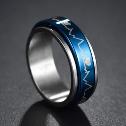 Blue Color Heartbeat Spinner Ring for Women Stress Release Accessory Anxiety Fidget Stainless Steel Lover's Wedding Band Jewelry