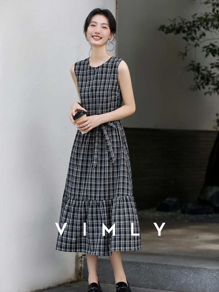 

VIMLY Elegant Woman Midi Plaid Dresses 2025 Autumn Casual Sleeveless Round Neck Female Dresses Lace-up A-line Long Dress A3023