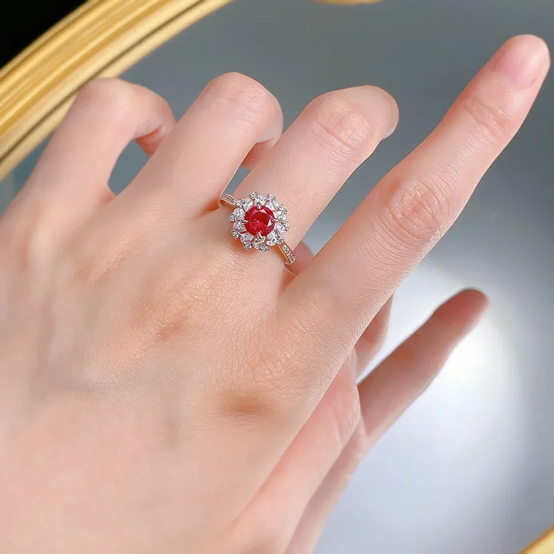 S925 Pure Silver Pigeon Blood Created Ruby Sapphire Flower Shape Ring for Girl Lady Wedding Girl Lady Fine Jewelry