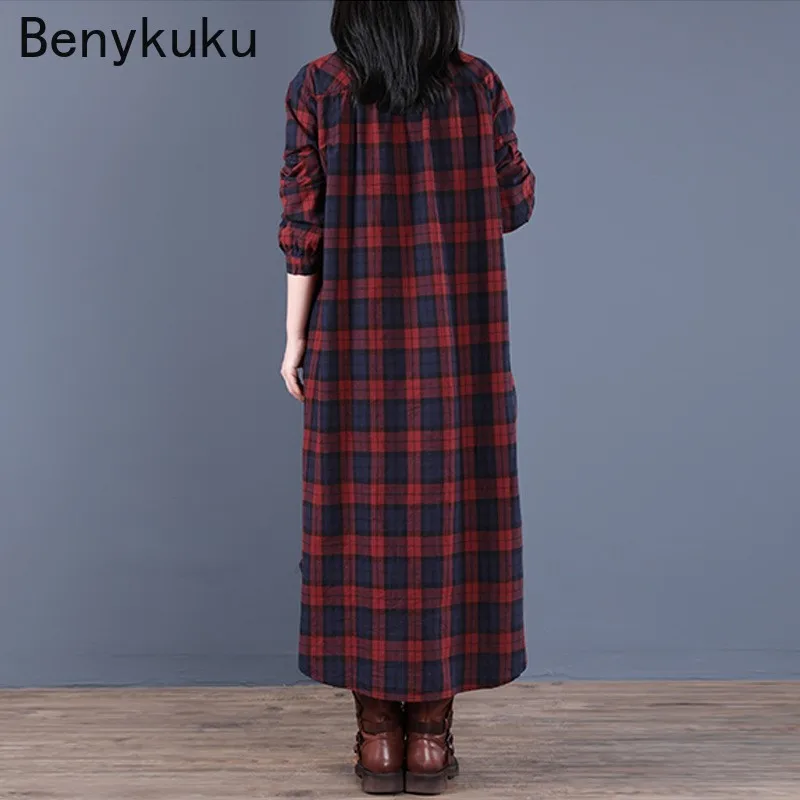 Femmes mode Plaid à carreaux bouton à manches longues Robe Midi chemise Maxi robes 2026 automne caftan Robe Femme décontracté Robe ample