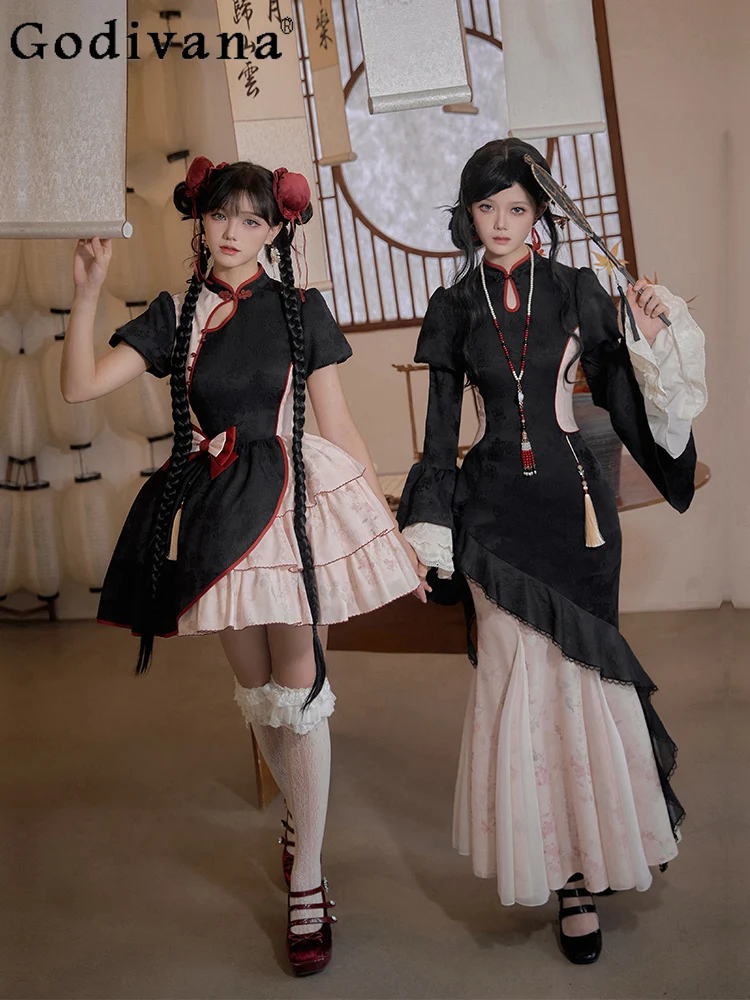 

Lolita Spring and Autumn Fashion New Chinese Printed Cheongsam Split Dress Fashion Women's Versatile High Waist Fishtail Dresses