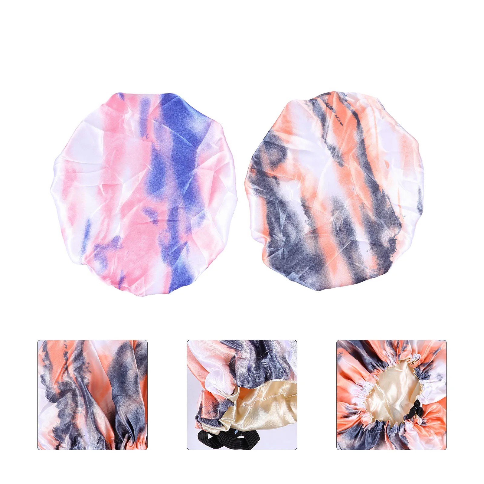 

2Pcs Satin Tie-Dye Shower Caps Adjustable Double-Layer Bathing Hair Covers for Women Shower Spa Bathing Accessories